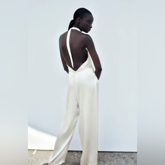Zara SATIN EFFECT HALTER JUMPSUIT. Ecru. Size S. New with Tags. - Picture 3 of 11